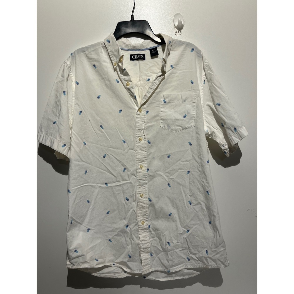 Chaps Mens Short Sleeve Button Down Shirt White Blue Pineapple Print Large